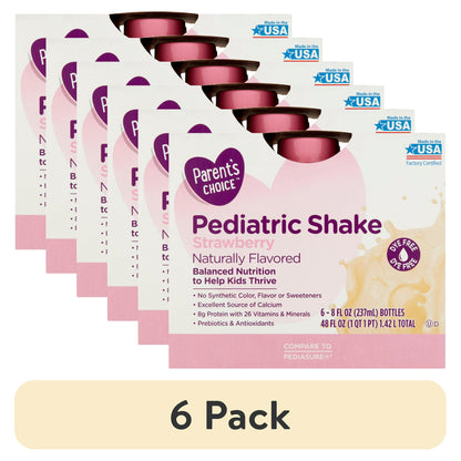 Box of children's strawberry nutrition shakes with pink label and splash design with "6 Pack" Labeled Below
