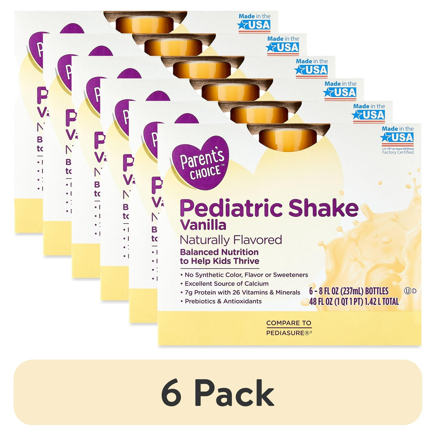 Boxes of children's vanilla nutrition shakes with light-colored label and text design, With "6 Pack" Labeled Below