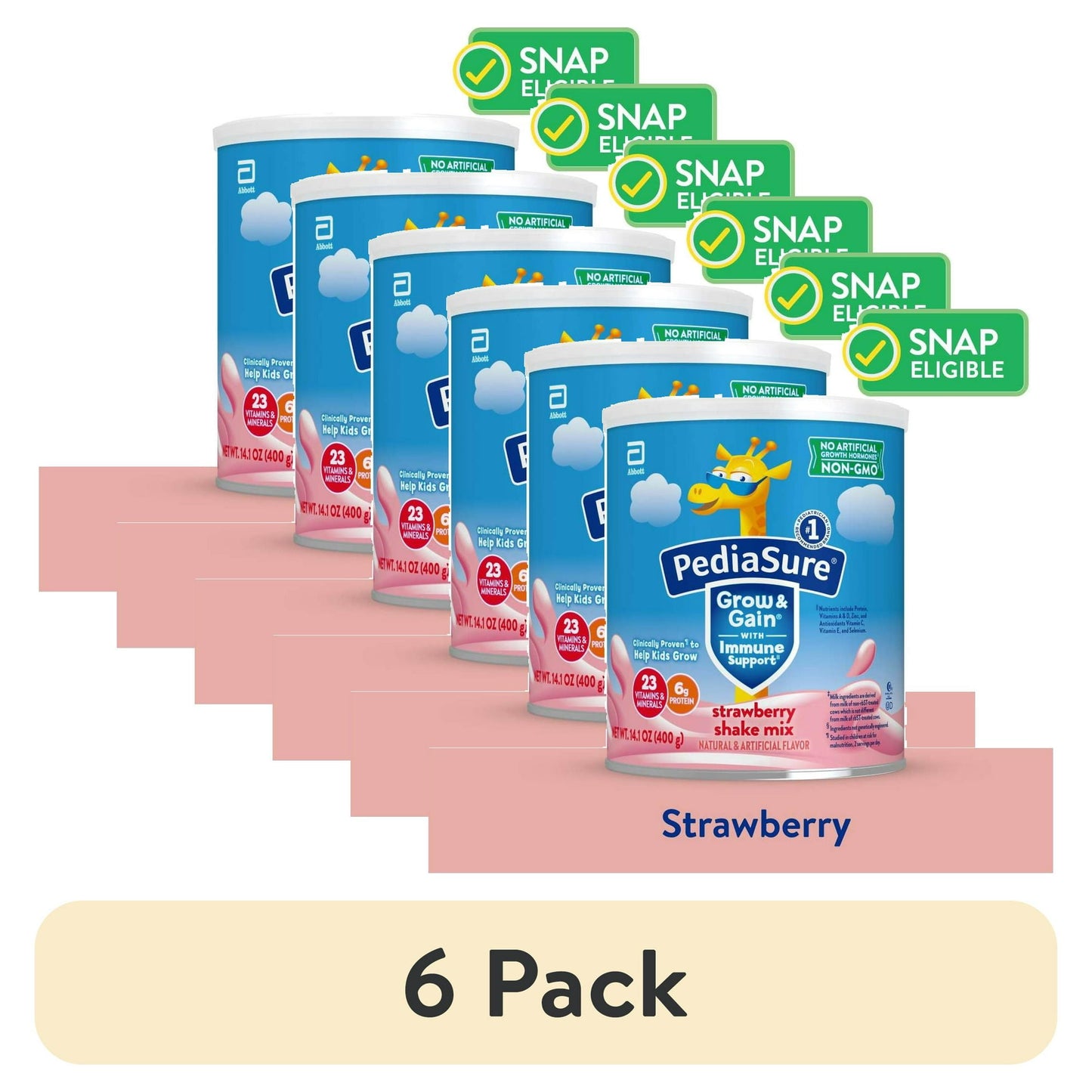 Cans of strawberry-flavored kids’ shake mix powder with illustrated label, with "6 Pack" Labeled Below