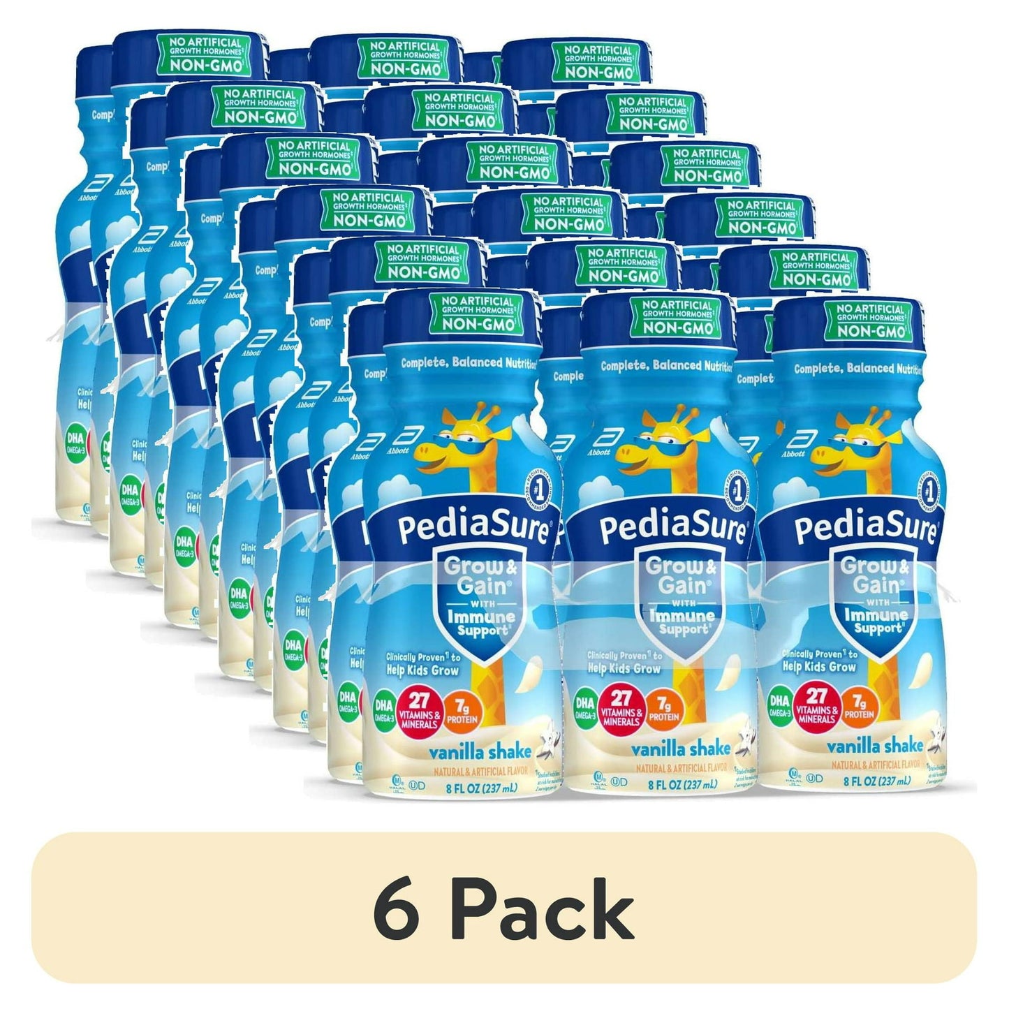 Children's vanilla protein shake bottles with blue label and cartoon giraffe design with a "6 Pack" label below