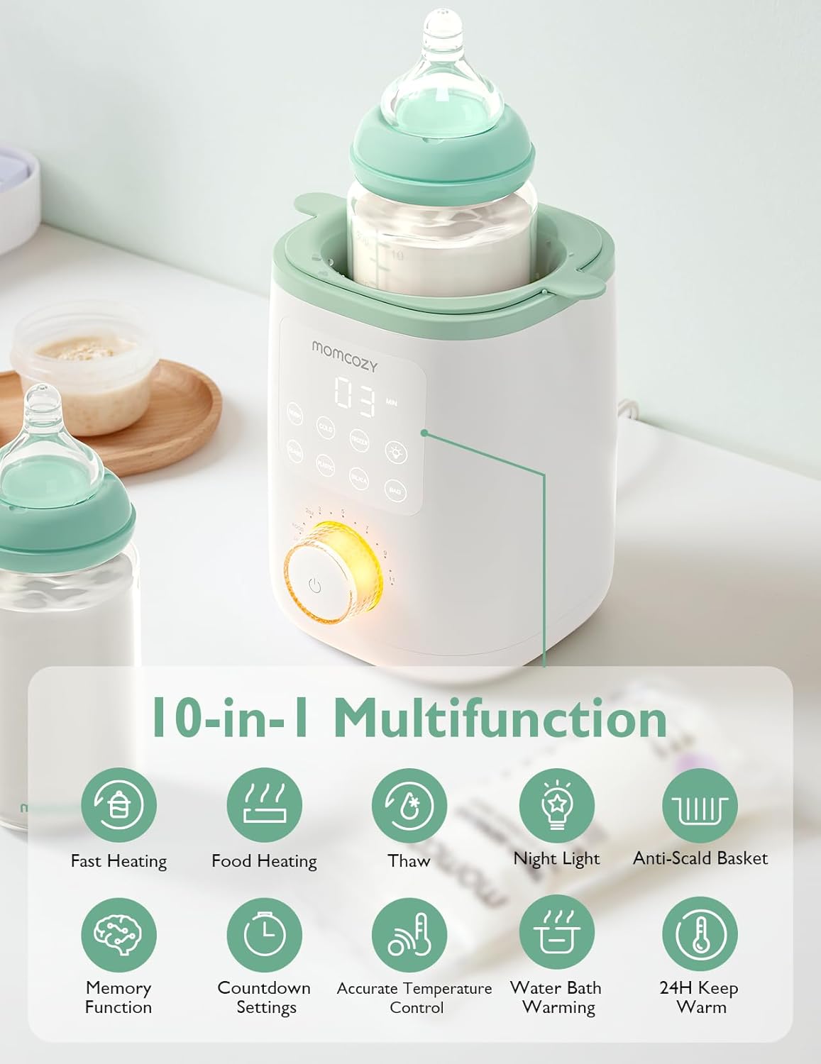 Image displaying a baby bottle warmer/sterilizer and text about it's details