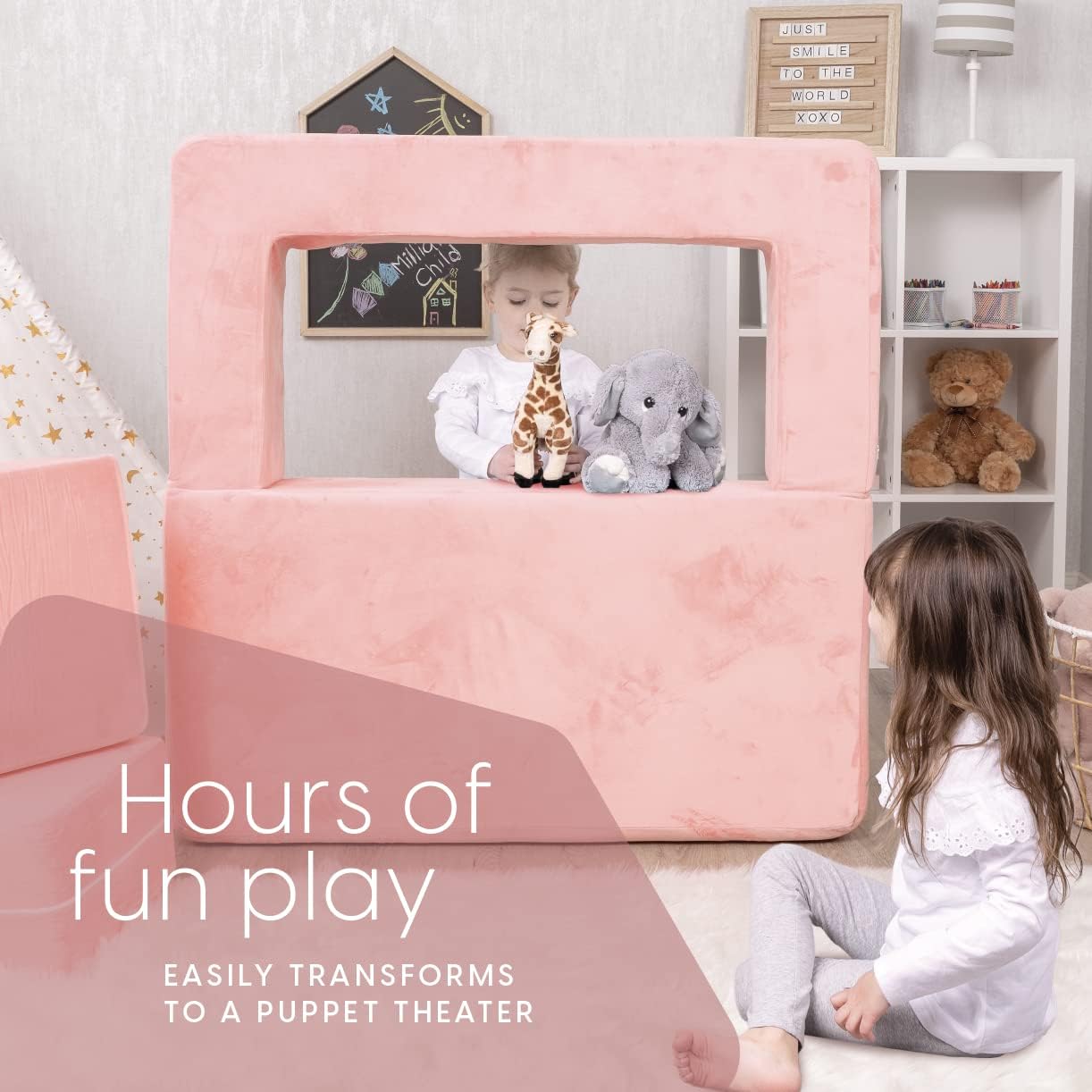 Image displaying a kid playing with a soft modular play furniture and text about it's details