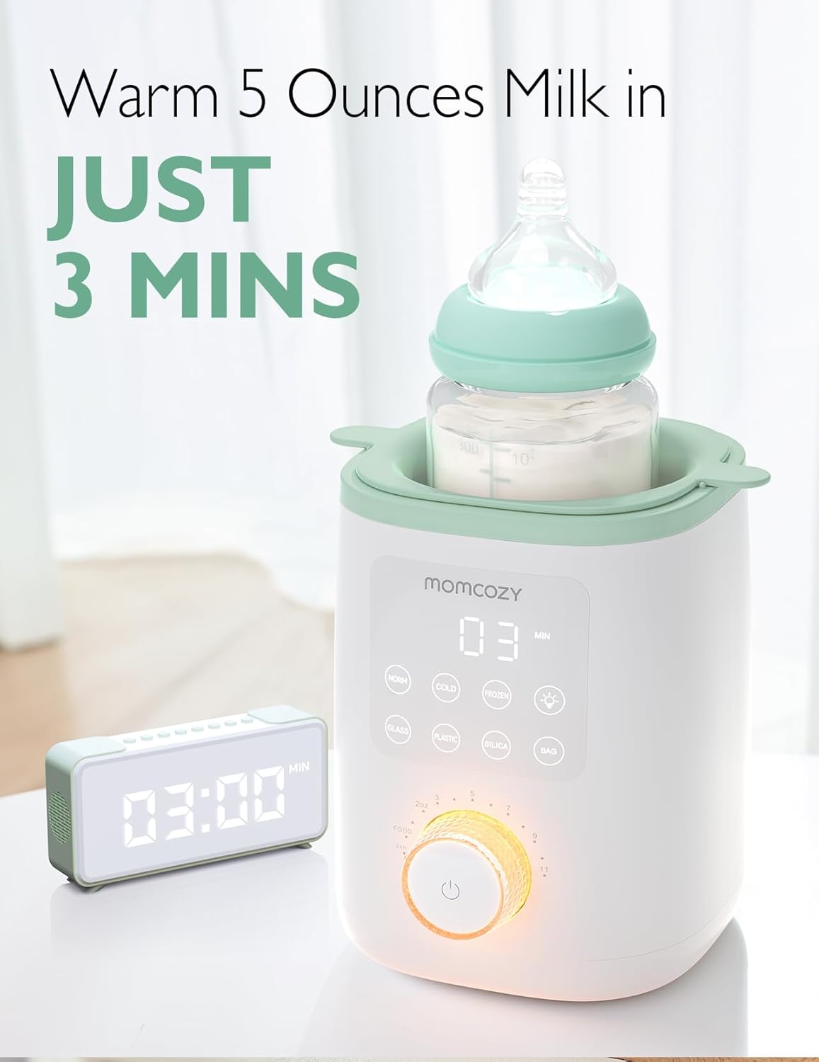 Image displaying a baby bottle warmer/sterilizer and text about it's details