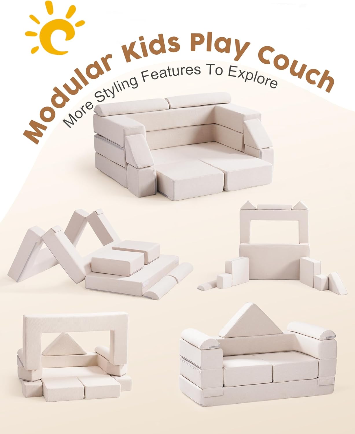 Image displaying a soft modular play furniture and text about it's details