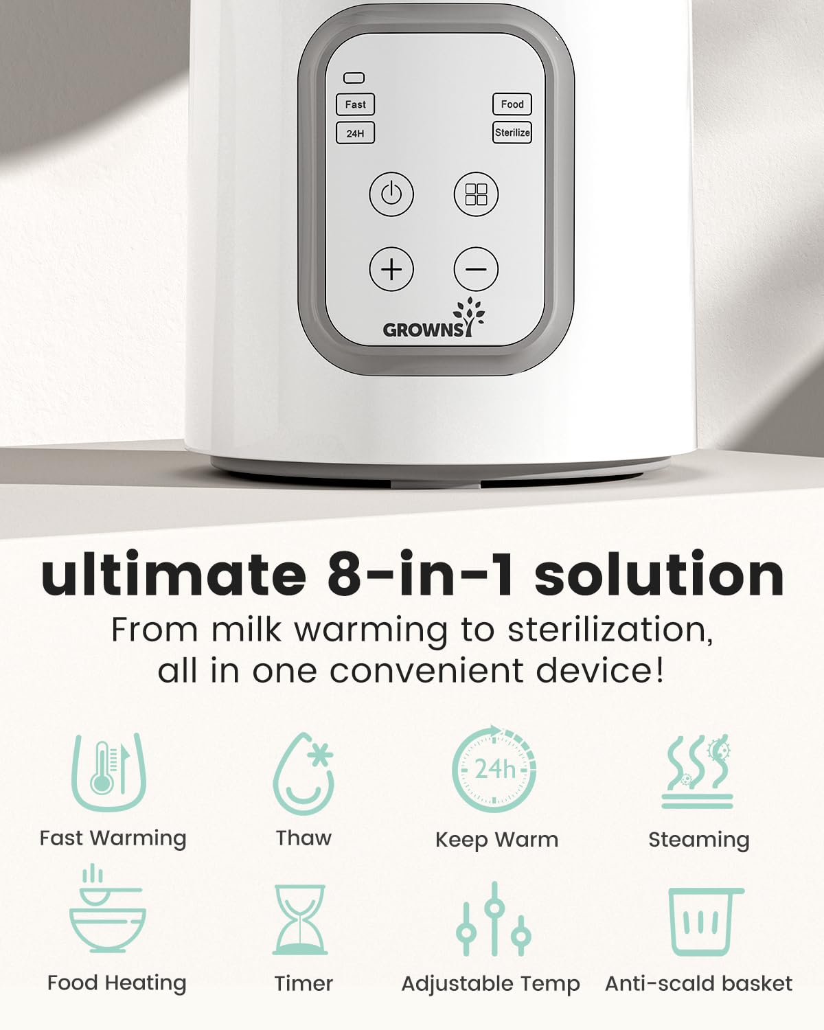 Image displaying a baby bottle warmer/sterilizer and text about it's details