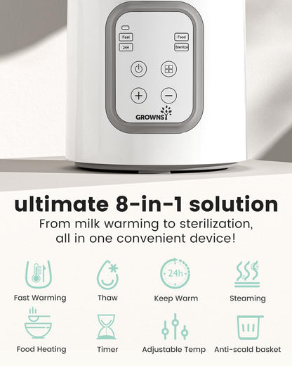 Image displaying a baby bottle warmer/sterilizer and text about it's details