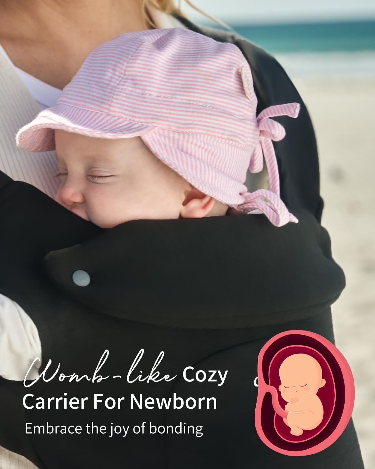 Image displaying a baby in a baby carrier and text about it's deetalis 