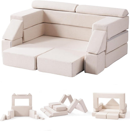 Soft modular play furniture for children, ideal for imaginative play, relaxing, and flexible indoor activities
