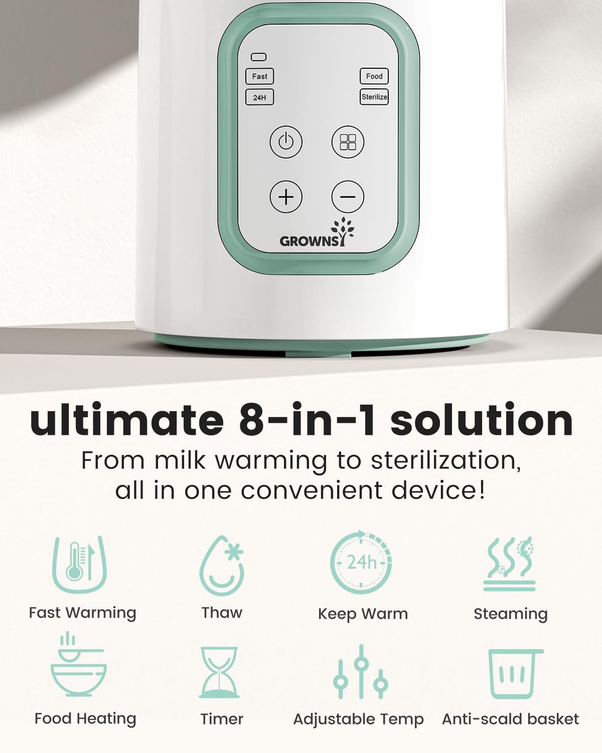 Image displaying a baby bottle warmer/sterilizer and text about it's details