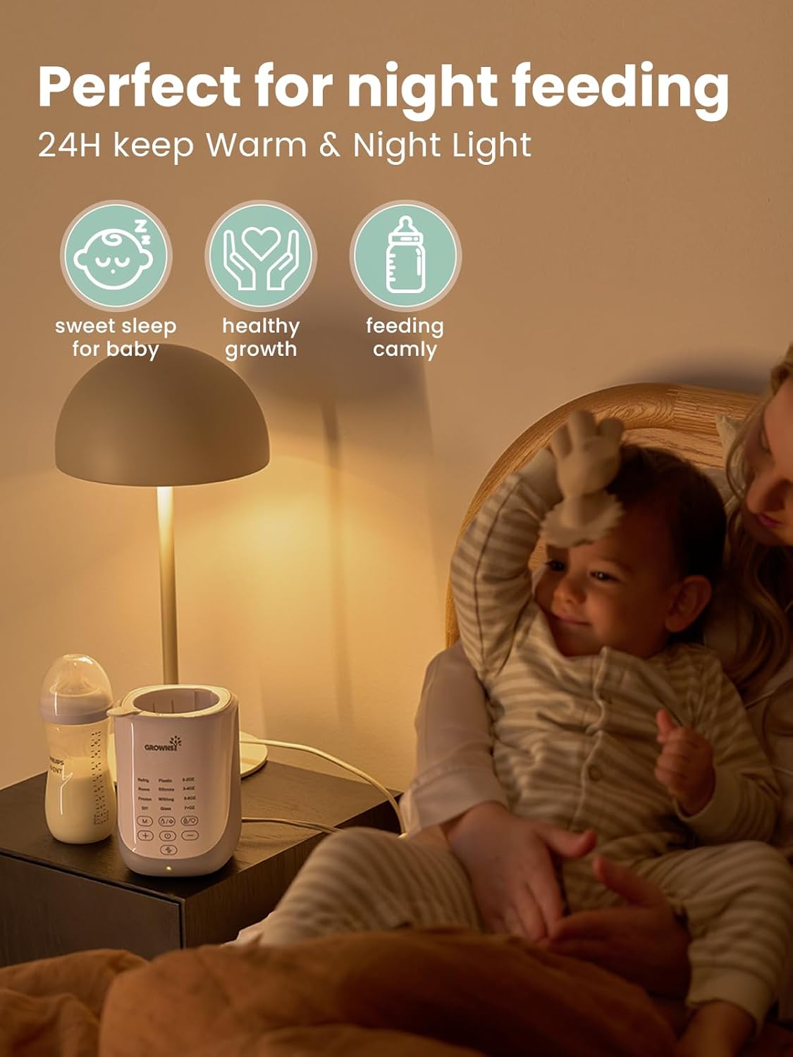 Image displaying a baby bottle warmer/sterilizer and text about it's details