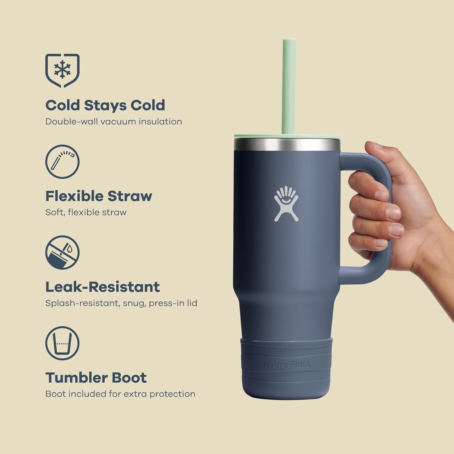 Image displaying a kid holding a tumbler and text about it's details