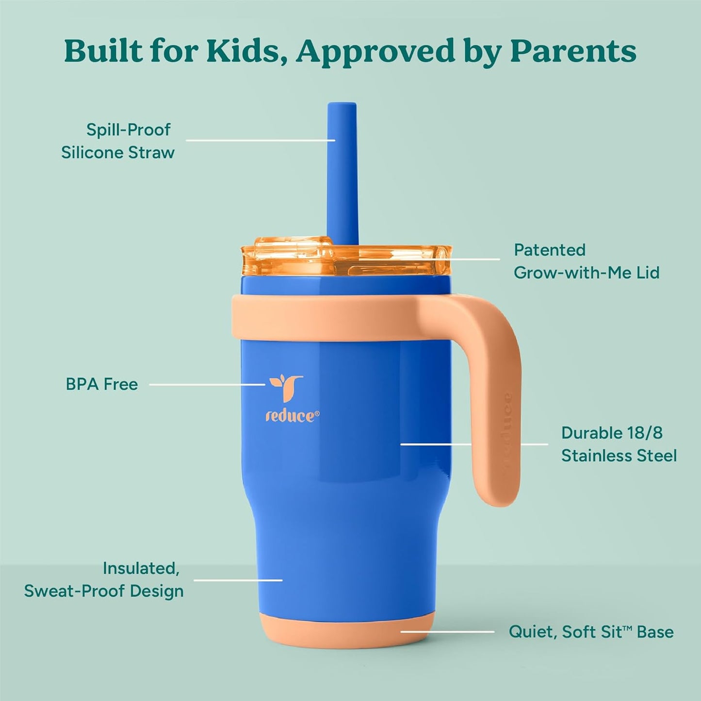 Image displaying a kid's tumbler and text about it's details