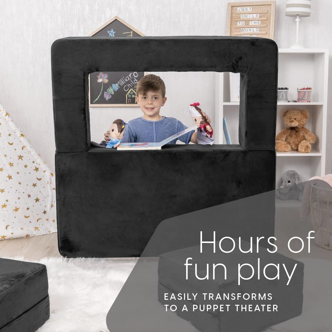 Image displaying a kid playing with a soft modular play furniture and text about it's details