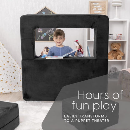 Image displaying a kid playing with a soft modular play furniture and text about it's details