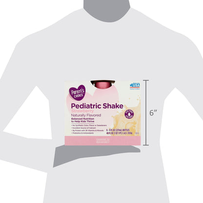 Box of children's Strawberry flavoured nutrition shakes with nutritional information and size indicated