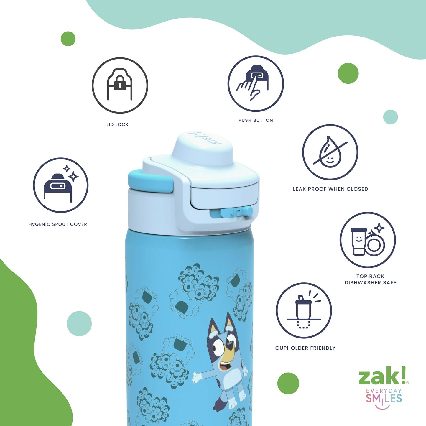 Zak Designs Kids Straw Water Bottle, Stainless Steel Vacuum Insulated Lincoln Bottle with Easy-Open Locking Spout Cover for Travel, Built in Carry Handle