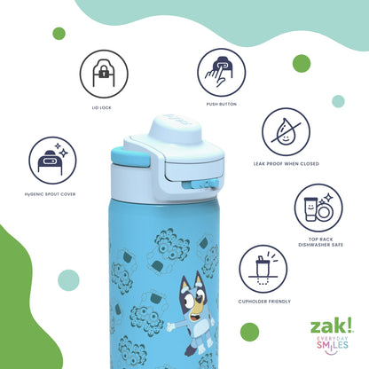 Zak Designs Kids Straw Water Bottle, Stainless Steel Vacuum Insulated Lincoln Bottle with Easy-Open Locking Spout Cover for Travel, Built in Carry Handle
