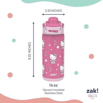Zak Designs Kids Straw Water Bottle, Stainless Steel Vacuum Insulated Lincoln Bottle with Easy-Open Locking Spout Cover for Travel, Built in Carry Handle