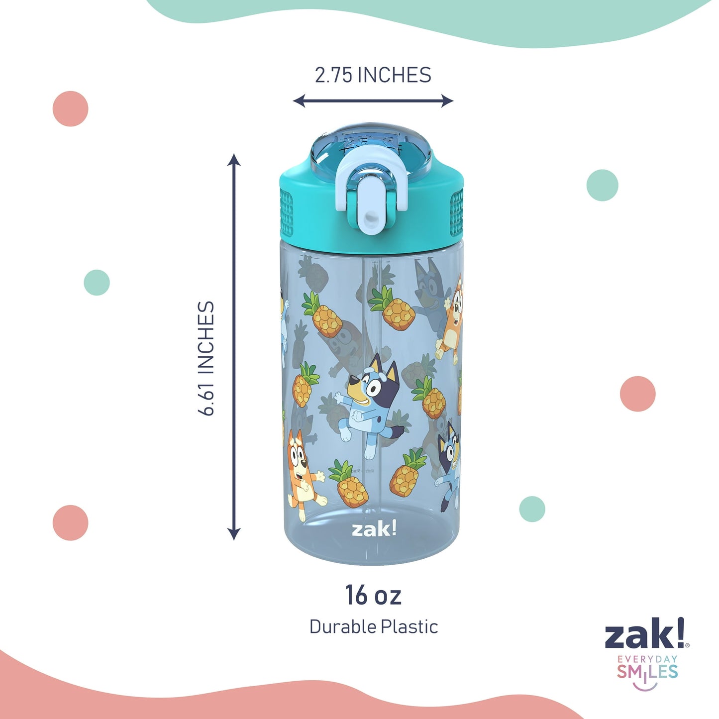 Zak Designs Kids Straw Water Bottle, Durable Plastic Park Bottle with Easy-Open Locking Spout Cover for Travel, Built in Carry Handle