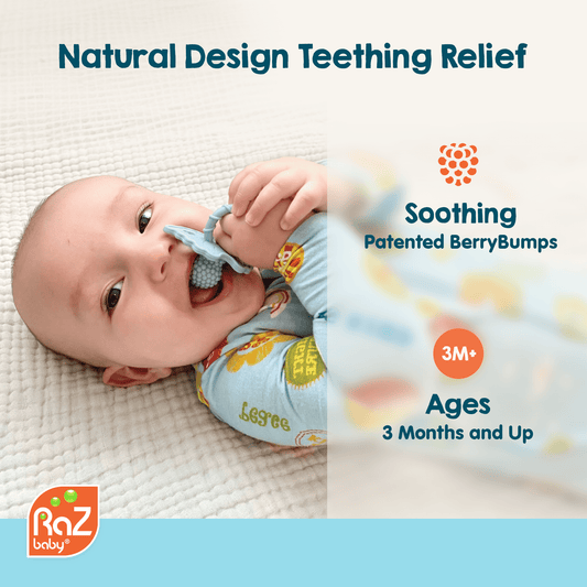RaZbaby RaZberry Silicone Teether Toy / Multi-Texture Design / Hands Free Design / for Baby 3m+ / Pacifier Style Teether
