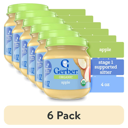 6 jars of Organic baby food with green lids on a white background