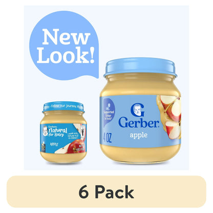 6 jars of baby food with a 'New Look!' label and '6 Pack' text on a white background.