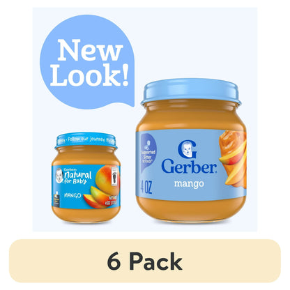 6 jars of mango baby food with a 'New Look!' label and '6 Pack' text on a white background.