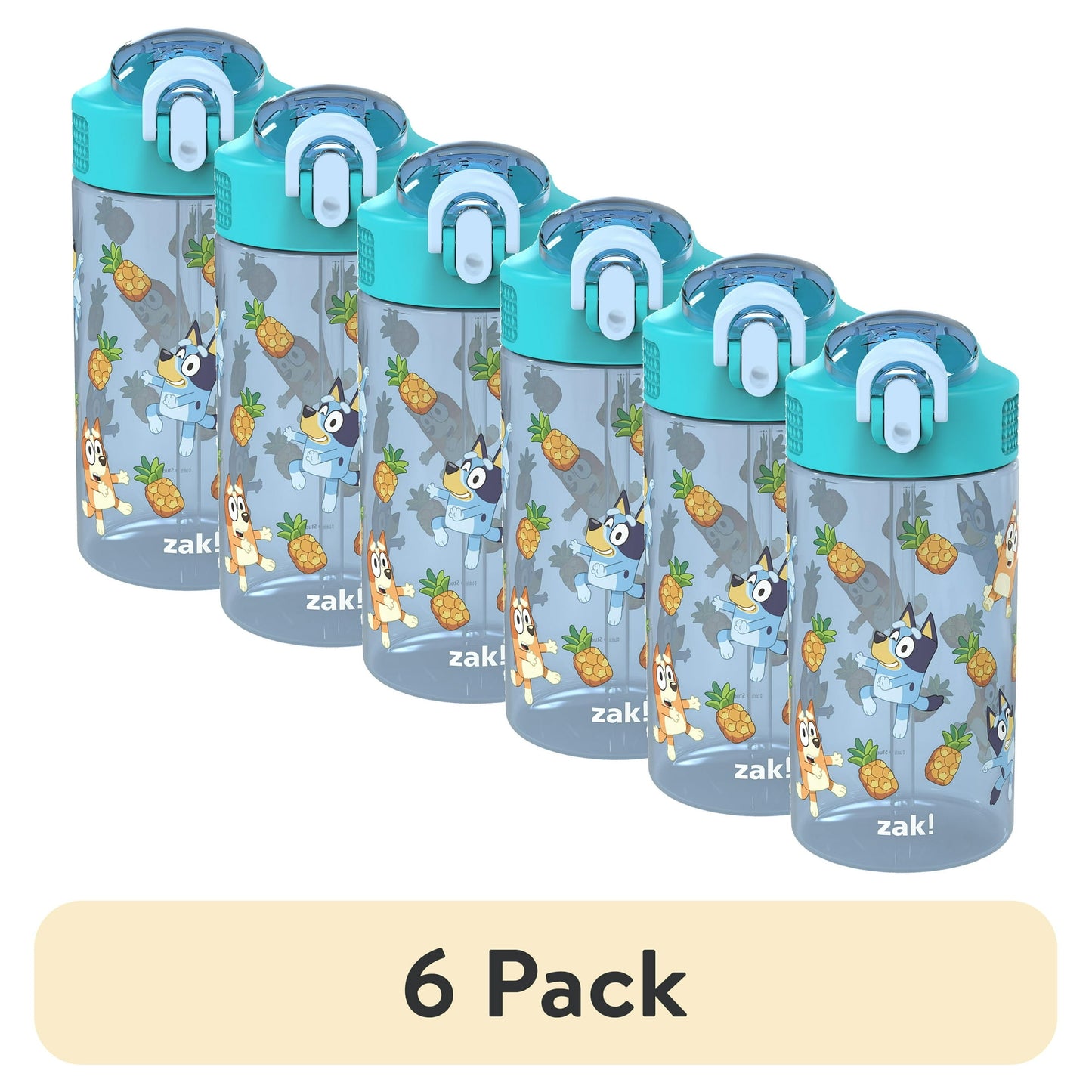 6 pack Children's water bottle with cartoon design and blue lid on a white background