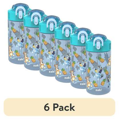 6 pack Children's water bottle with cartoon design and blue lid on a white background