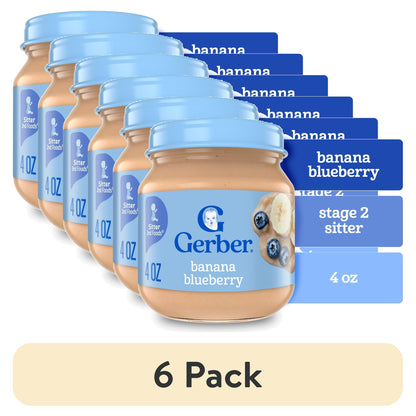 6 pack Jar of Gerber banana blueberry baby food with blue lid and label.