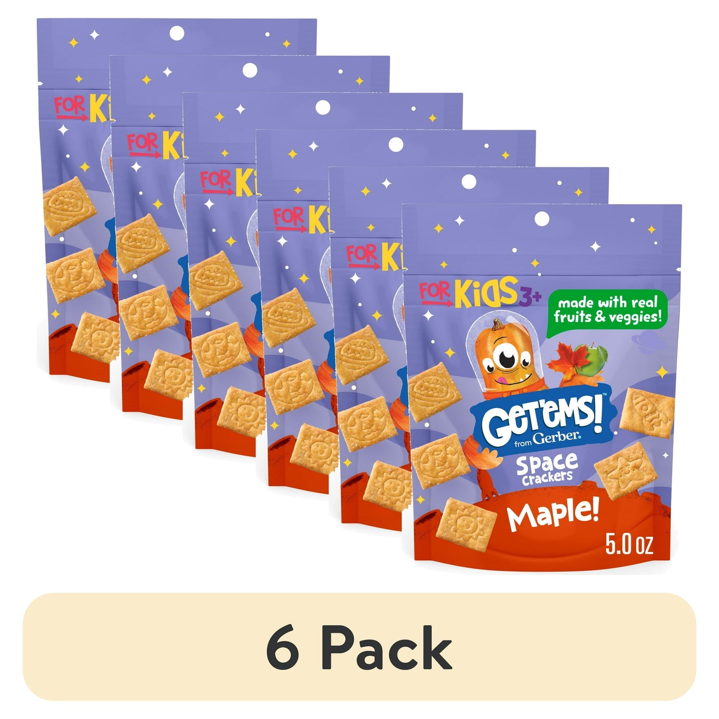 6 pack Maple-flavored space-shaped crackers for kids, 5 oz bag – fun and crunchy snack made with wholesome ingredients.