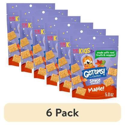 6 pack Maple-flavored space-shaped crackers for kids, 5 oz bag – fun and crunchy snack made with wholesome ingredients.