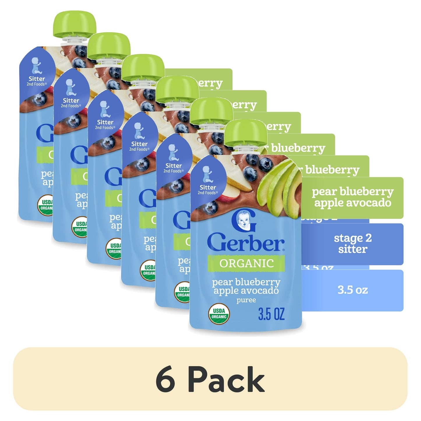 6 pack Organic baby food pouch with pear blueberry apple avocado flavor on a white background