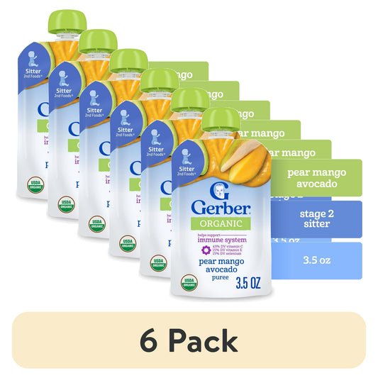 6 pack Organic baby food pouch with pear mango avocado flavor on a white background