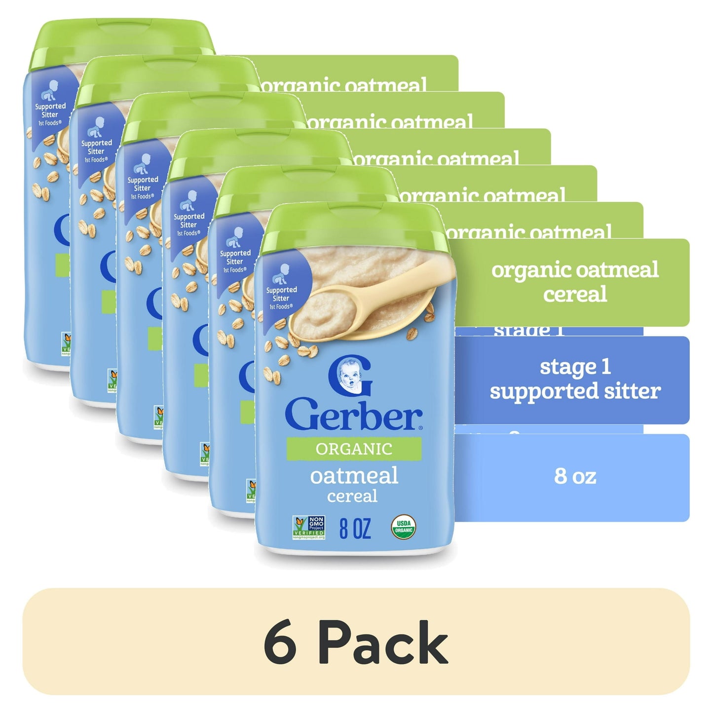 6 pack Organic oatmeal baby cereal, 8 oz canister – iron-fortified grain for infants’ growth and development.