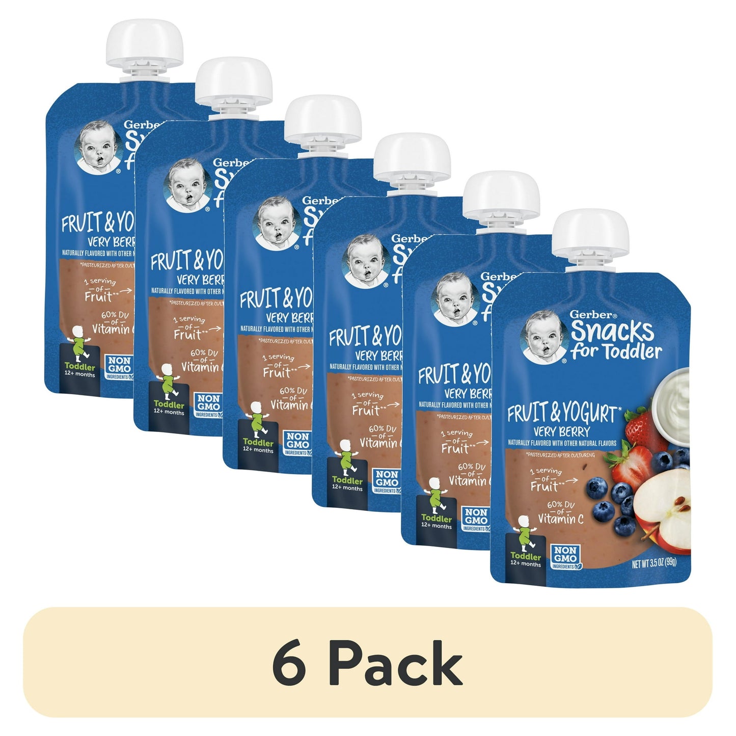 6 pack Very berry fruit and yogurt snacks for toddlers, 3.5 oz pouch – chewy yogurt snack made with real fruit.