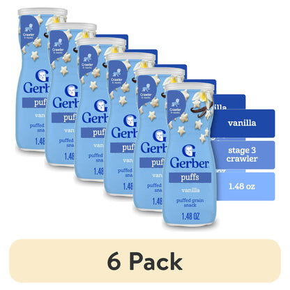 6 pack baby food Vanilla Puffs packaging on a white background