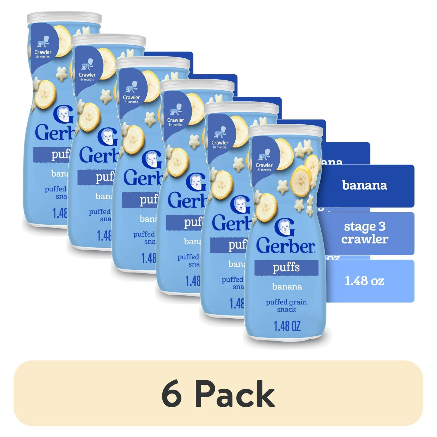 6 pack containers of Puffs with banana flavor on a white background