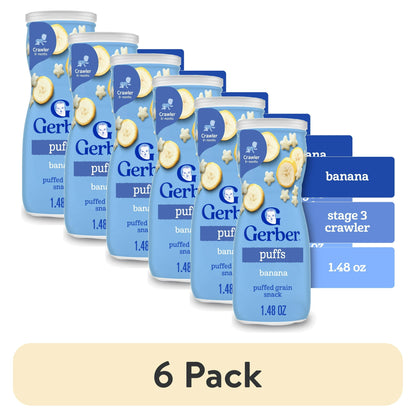 6 pack containers of Puffs with banana flavor on a white background