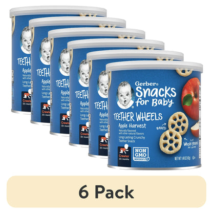 6 packs Can of Snacks for Baby Teether Wheels with blue label and apple illustration