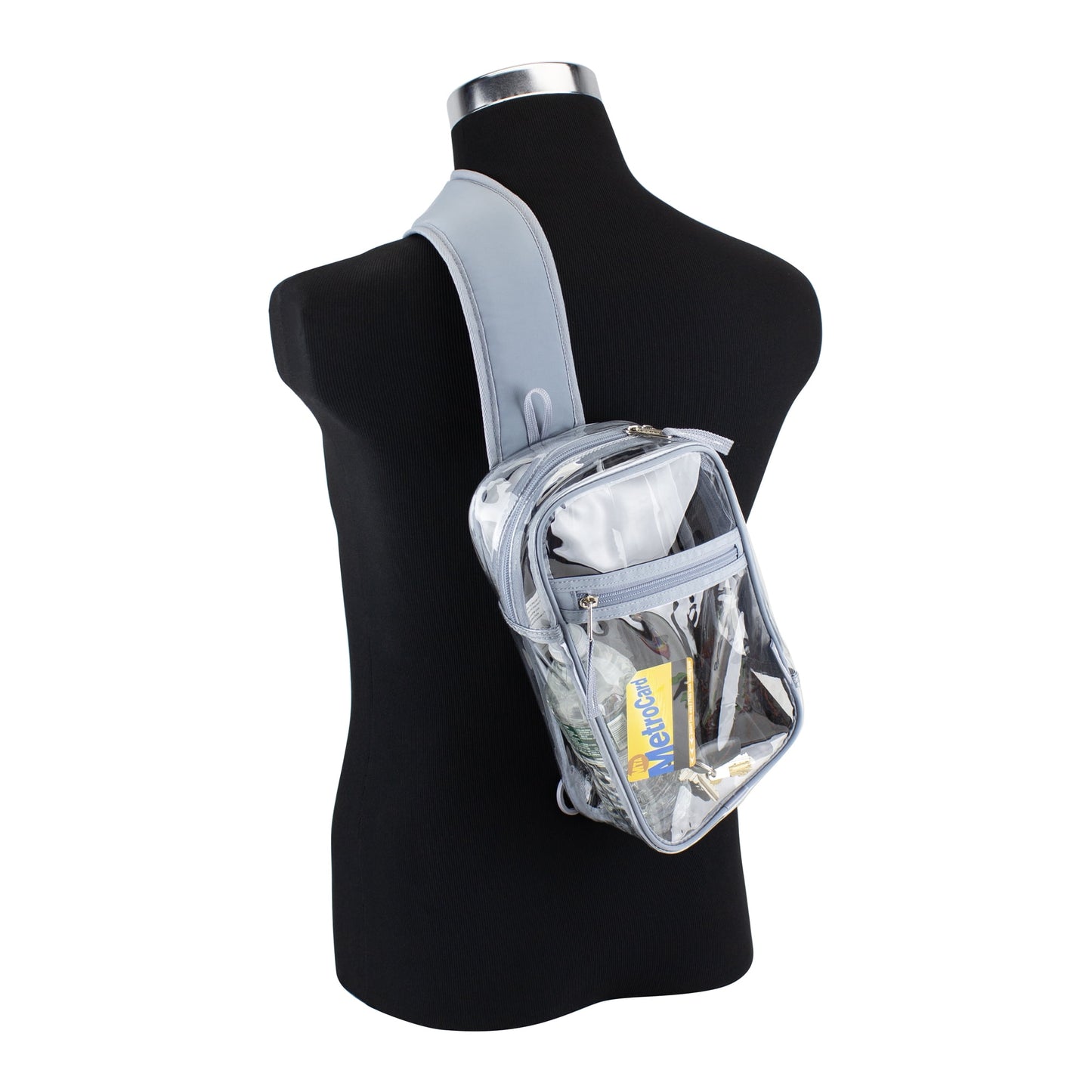 Compact transparent sling bag for carrying your phone, wallet, keys, water bottle, and personal accessories.