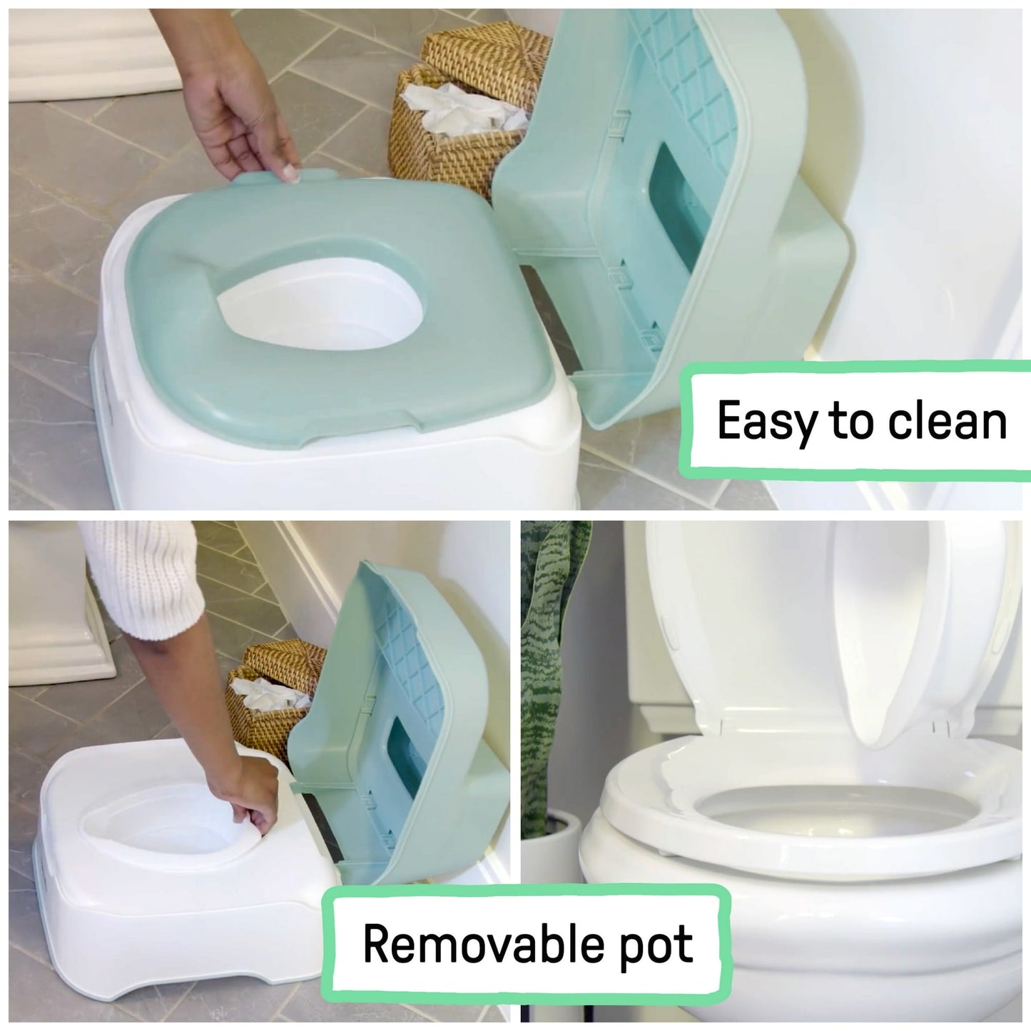  A white and green potty training system with a removable pot, an easy to clean label and toilet topper