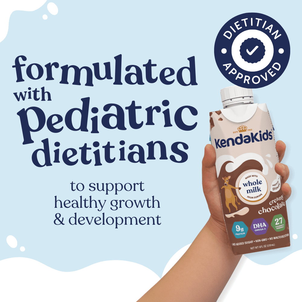 A hand holds a chocolate flavoured nutritional drink against a blue background with text and a "Dietitian Approved" seal