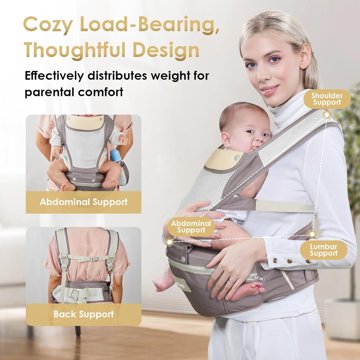 Image displaying a baby in a baby carrier and text about it's details