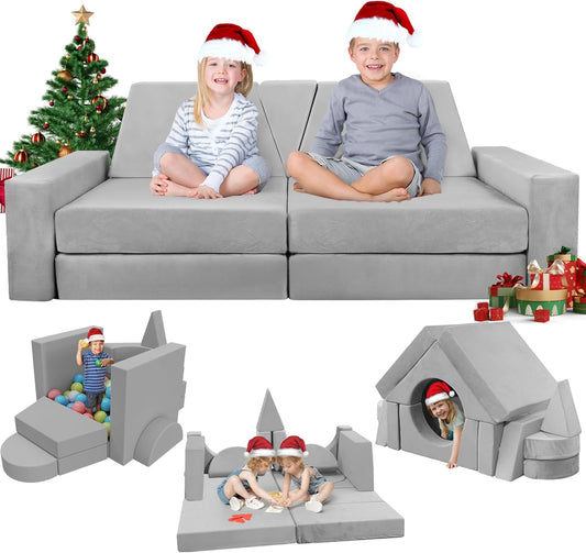 Soft modular play furniture for children, ideal for imaginative play, relaxing, and flexible indoor activities