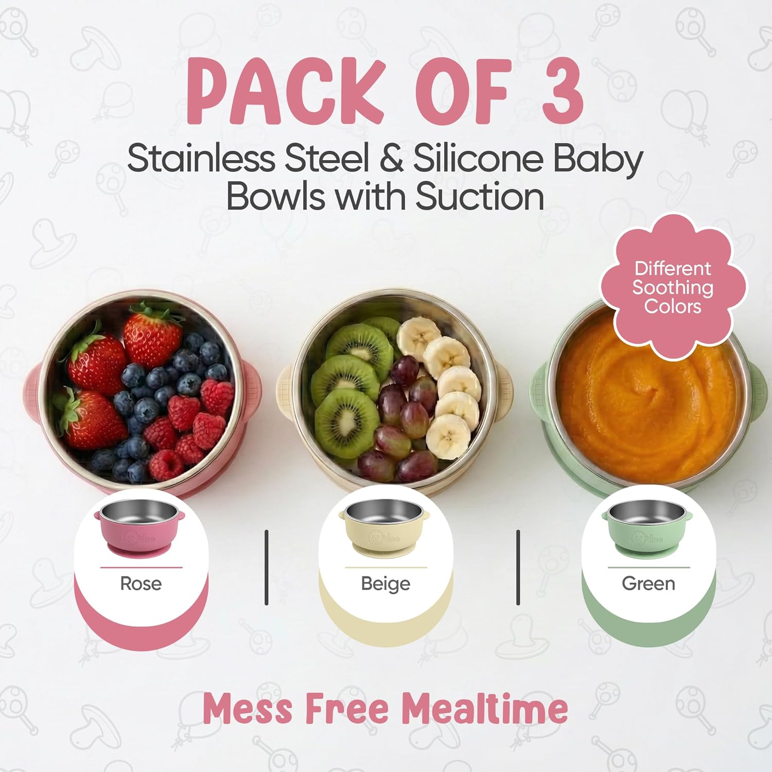Set of BPA-free baby suction bowls made from stainless steel and food-grade silicone, ideal for toddlers and babies.