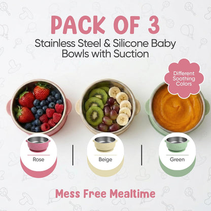 Set of BPA-free baby suction bowls made from stainless steel and food-grade silicone, ideal for toddlers and babies.