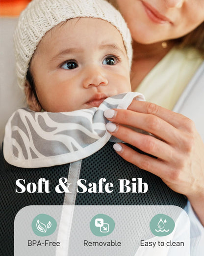 Image displaying a baby in a baby carrier and text about it's details