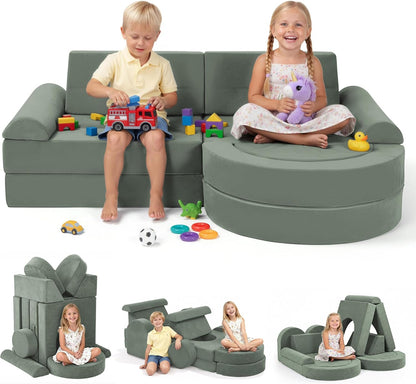 Soft modular play furniture for children, ideal for imaginative play, relaxing, and flexible indoor activities