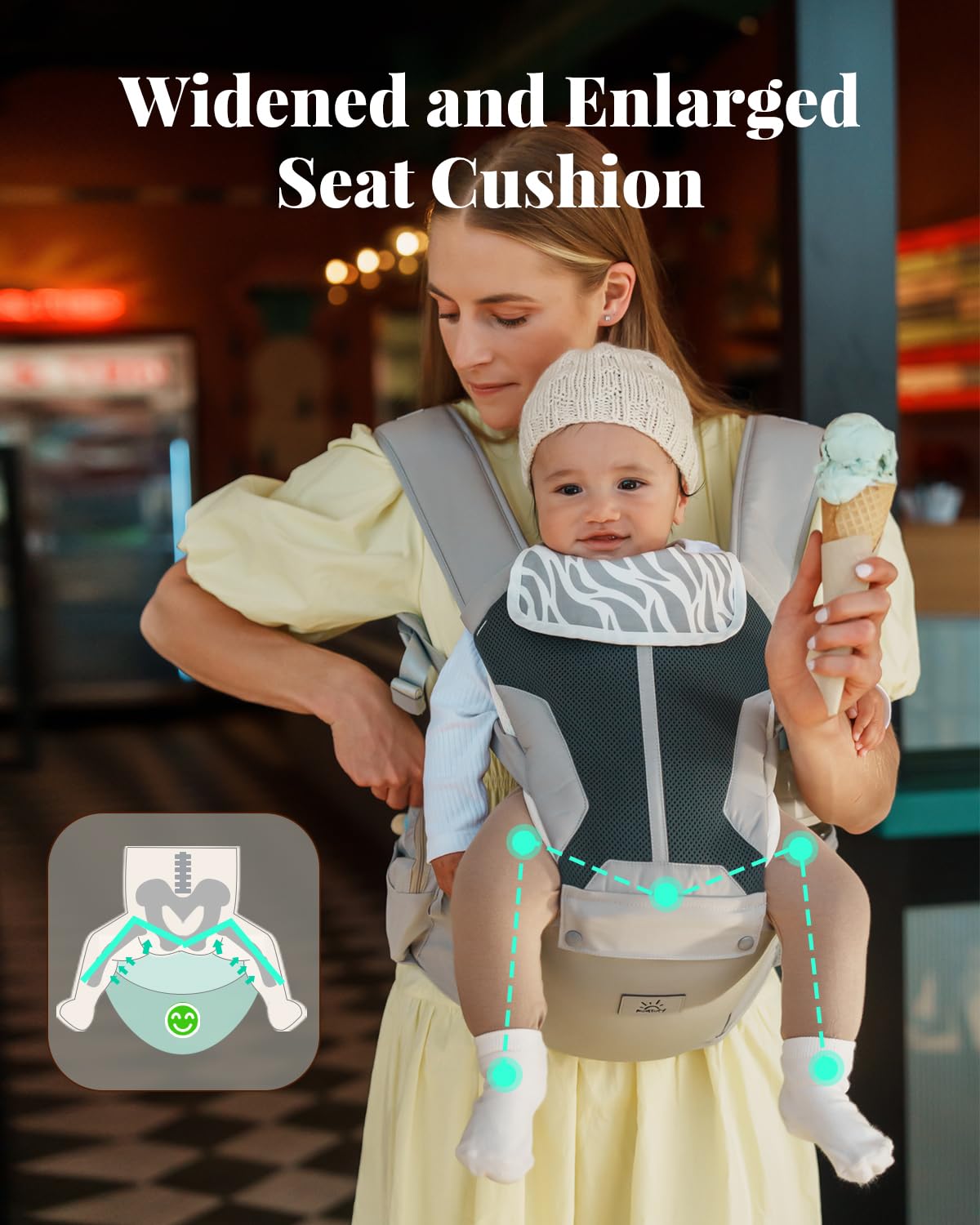 Image displaying a baby in a baby carrier and text about it's details